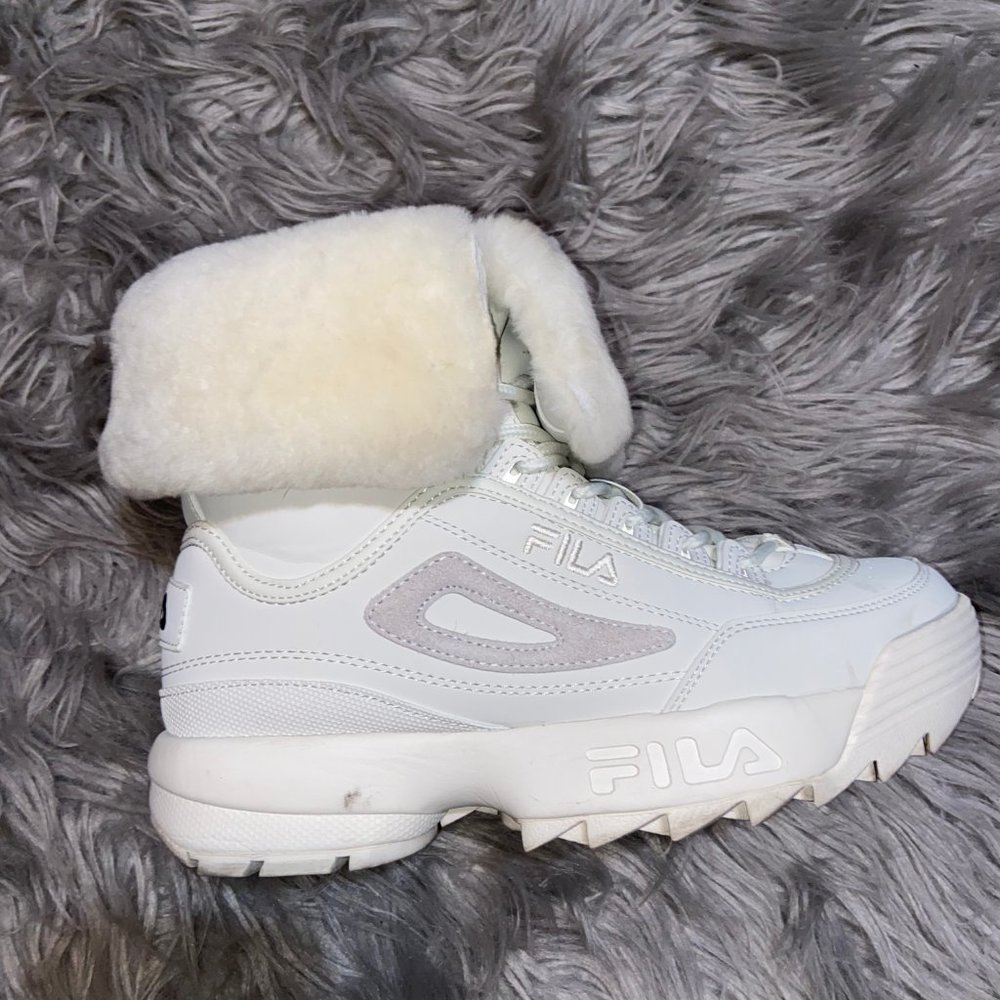White Fila Disruptor Shearling